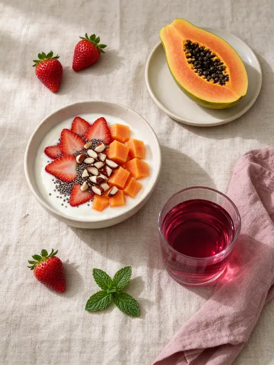 Café da manhã com iogurte, morangos, mamão, chia e castanhas, ao lado de um copo de chá de hibisco.