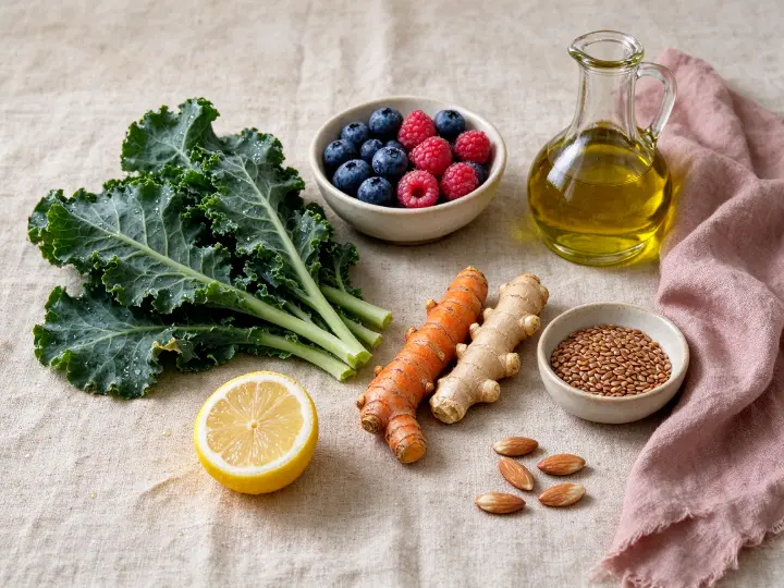 Couve, frutas vermelhas, azeite, cúrcuma, gengibre, limão, linhaça e amêndoas sobre uma toalha de linho.