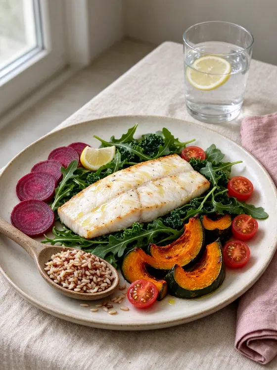Prato com peixe grelhado, folhas verdes, abóbora assada, tomatinhos e beterraba, ao lado de um copo de água com limão.